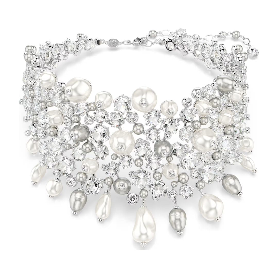 Swarovski Constella choker kaulakoru, vaalea metalli, kirkkaat kristallit ja valkoiset helmet 5722471
