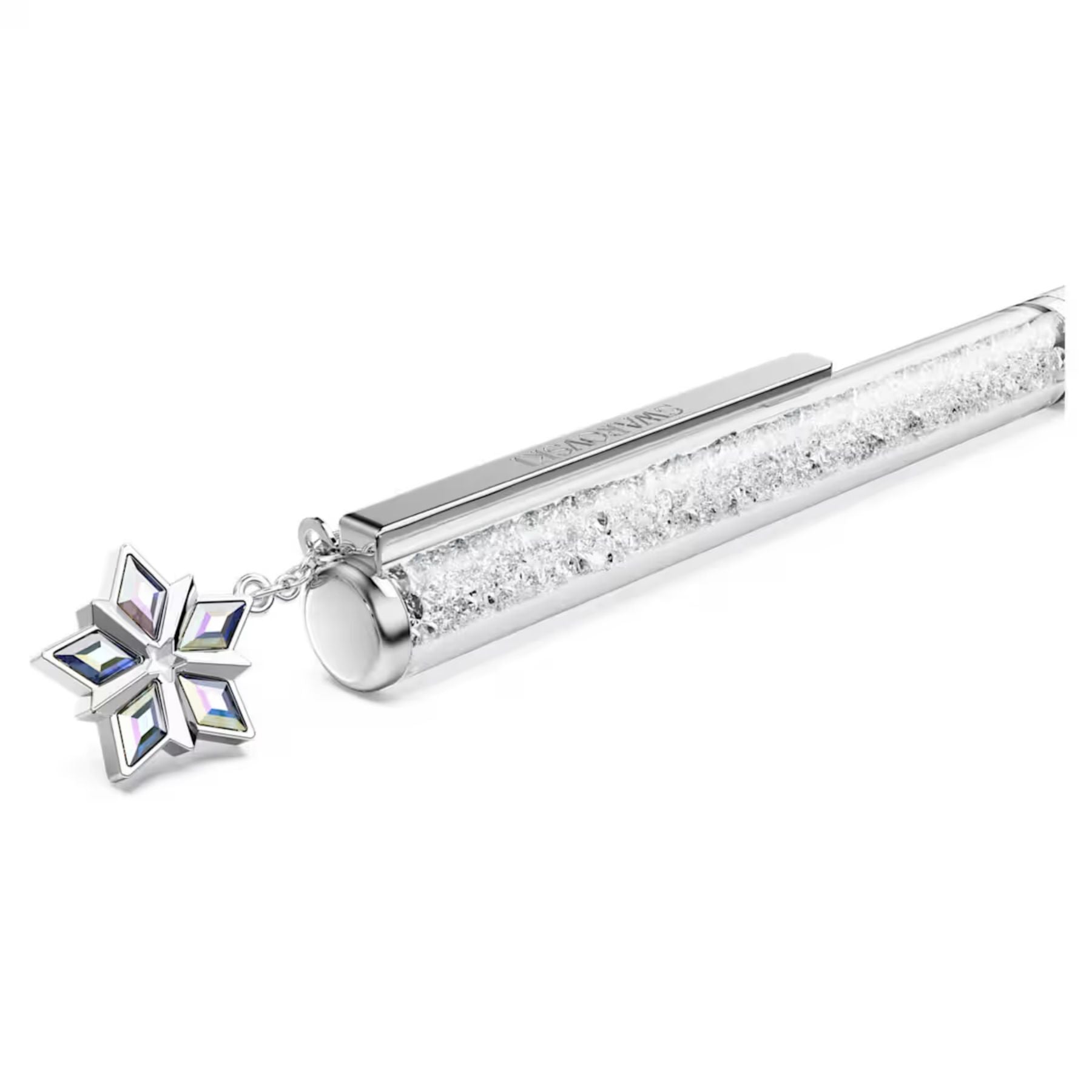 Valkoinen ja krominsävyinen Swarovski kuulakärkikynä kirkkailla kristalleilla ja koristeellisella lumihiutaleella