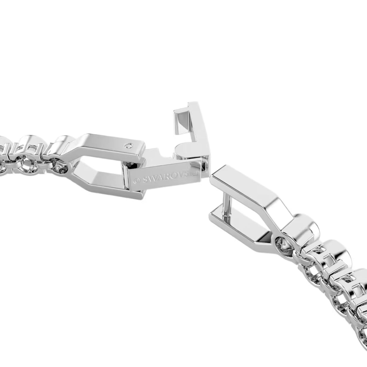 Swarovski kristallirannekorun hopeanvärinen taittolukko ja koristeelliset lenkit lähikuvassa valkoista taustaa vasten