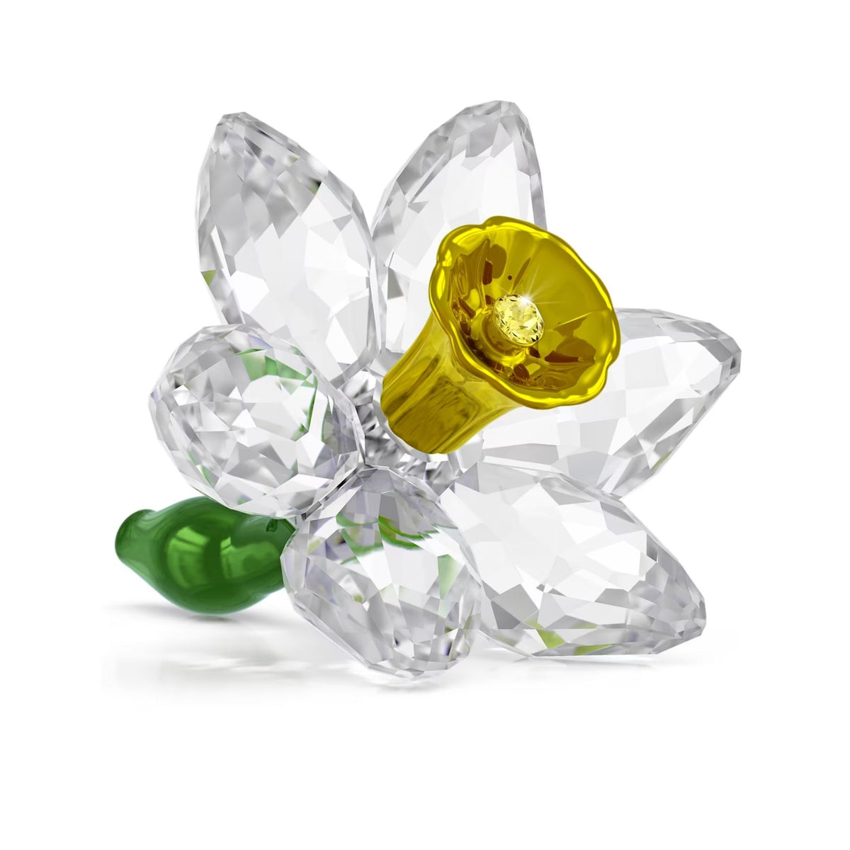 Swarovski kristallikoristeena säihkyvä narsissi, kirkkaat terälehdet, keltainen keskusta ja vihreä varsi