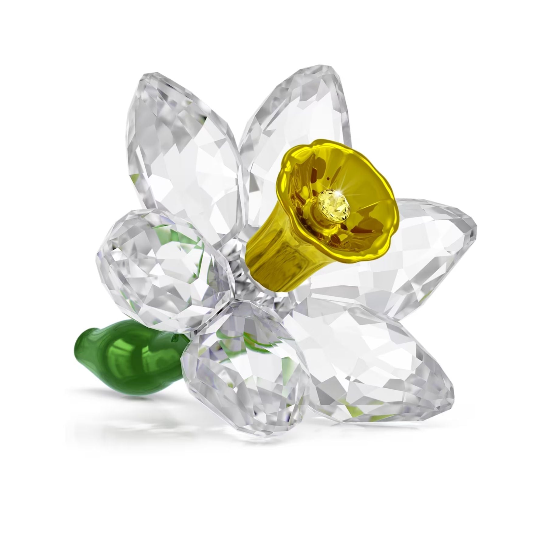 Swarovski kristallikoristeena säihkyvä narsissi, kirkkaat terälehdet, keltainen keskusta ja vihreä varsi