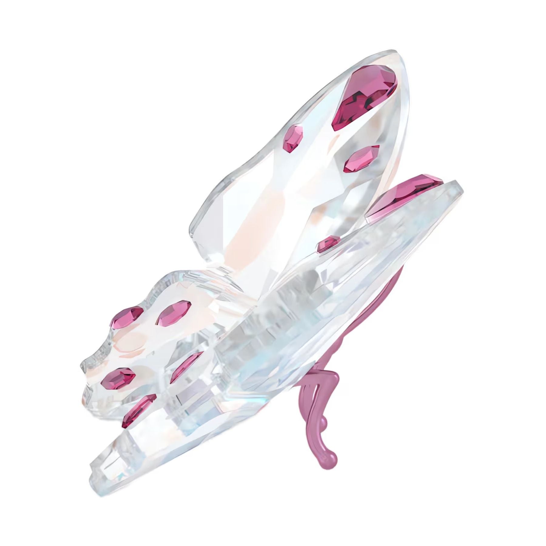 Swarovski vaaleanpunainen kristalliperhonen avoimin siivin ja hohtavin hiontaviistein, koristeellinen kaareva jalusta alla