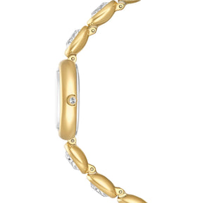 Swarovski Imber Oval -rannekellon sivuprofiili, keltakullattu teräskuori ja kristallein koristeltu ranneke valkoisella taustalla