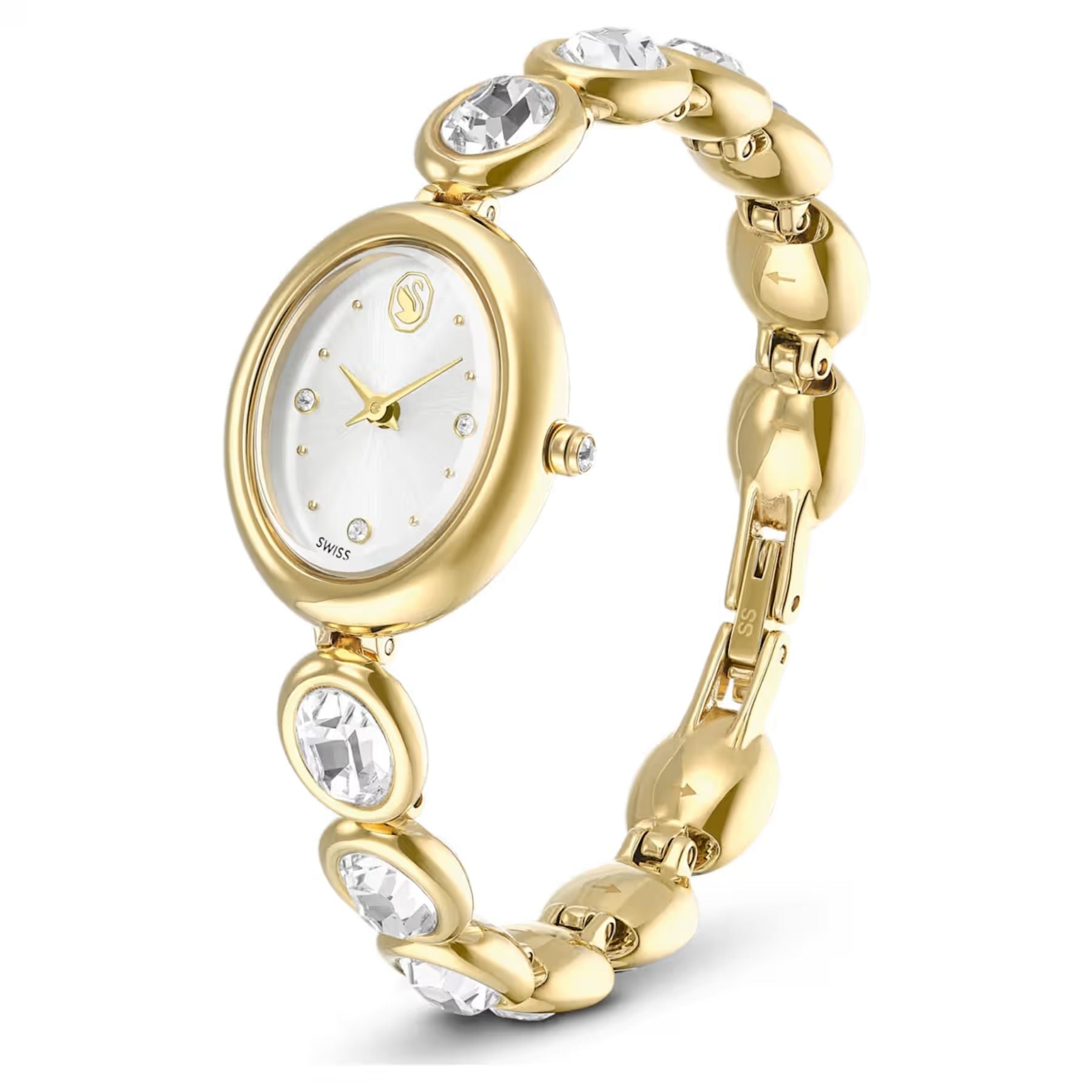 Swarovski Imber Oval -rannekello keltakullatulla ovaalikuorella, valkoisella kellotaululla ja kirkkailla kristalleilla.