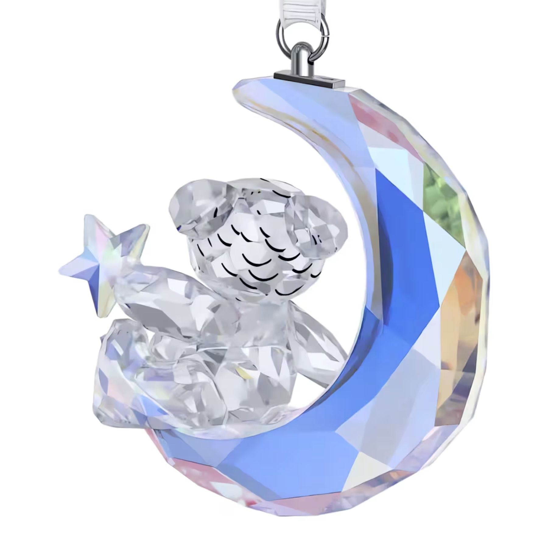 Swarovski kristallinen nalle lepää kuunsirpillä ja pitelee tähteä monivärisessä riippuvassa koristeessa
