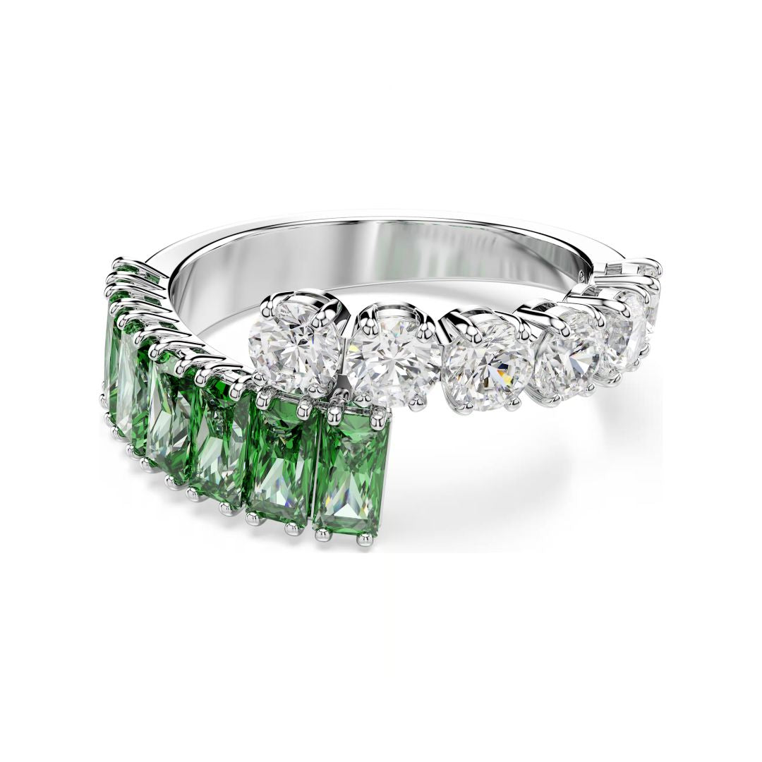 Swarovski Matrix sormus, vaalea metalli, kirkkaat ja vihreät kristallit