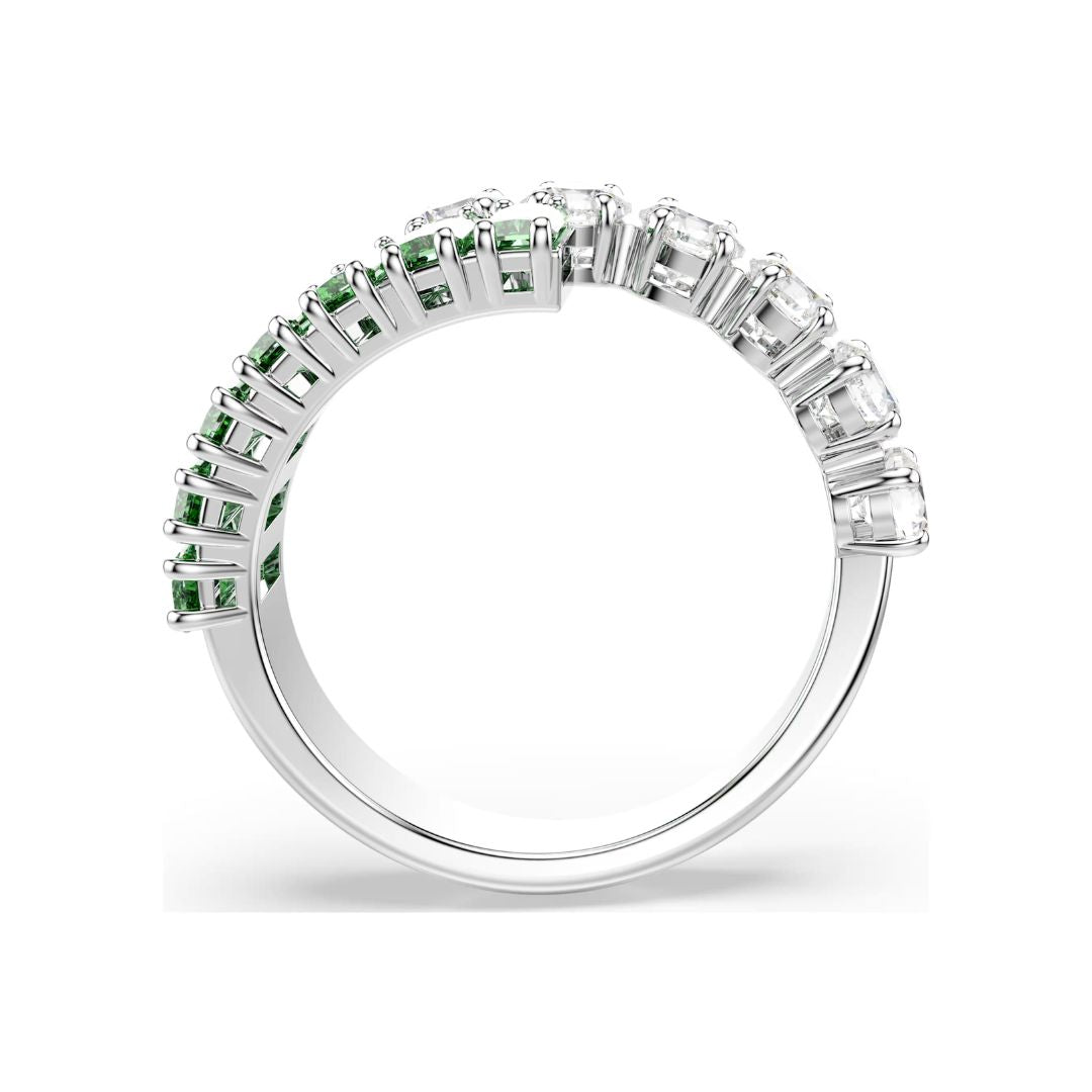 Swarovski Matrix sormus, vaalea metalli, kirkkaat ja vihreät kristallit