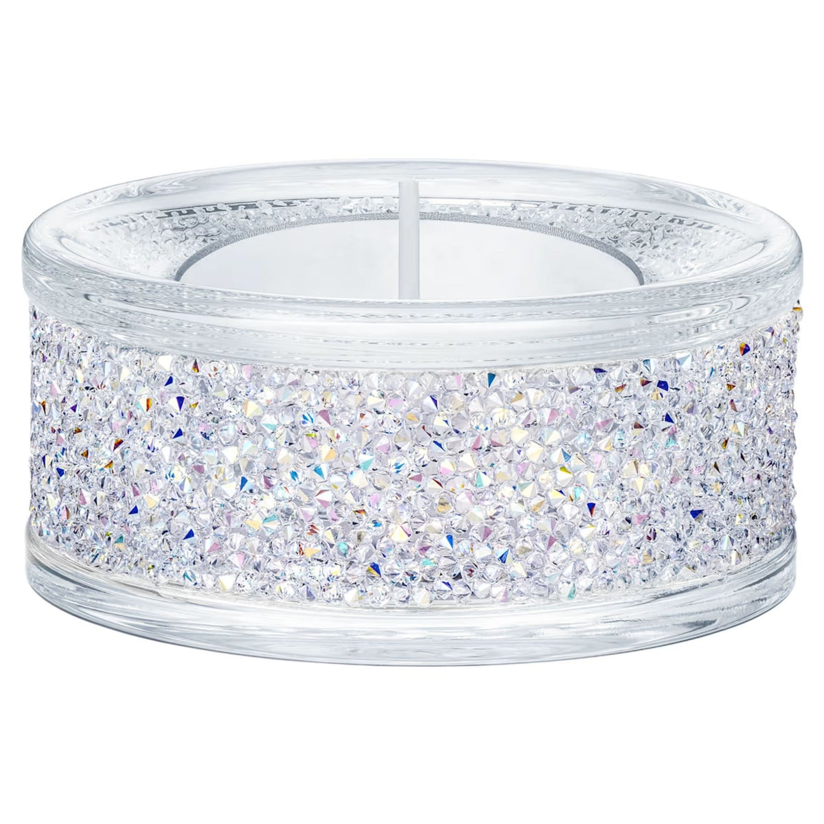 Swarovski kristallituikku, jonka kirkkaassa lasialustassa sädehtii hennon violetinsävyisiä kristalleja