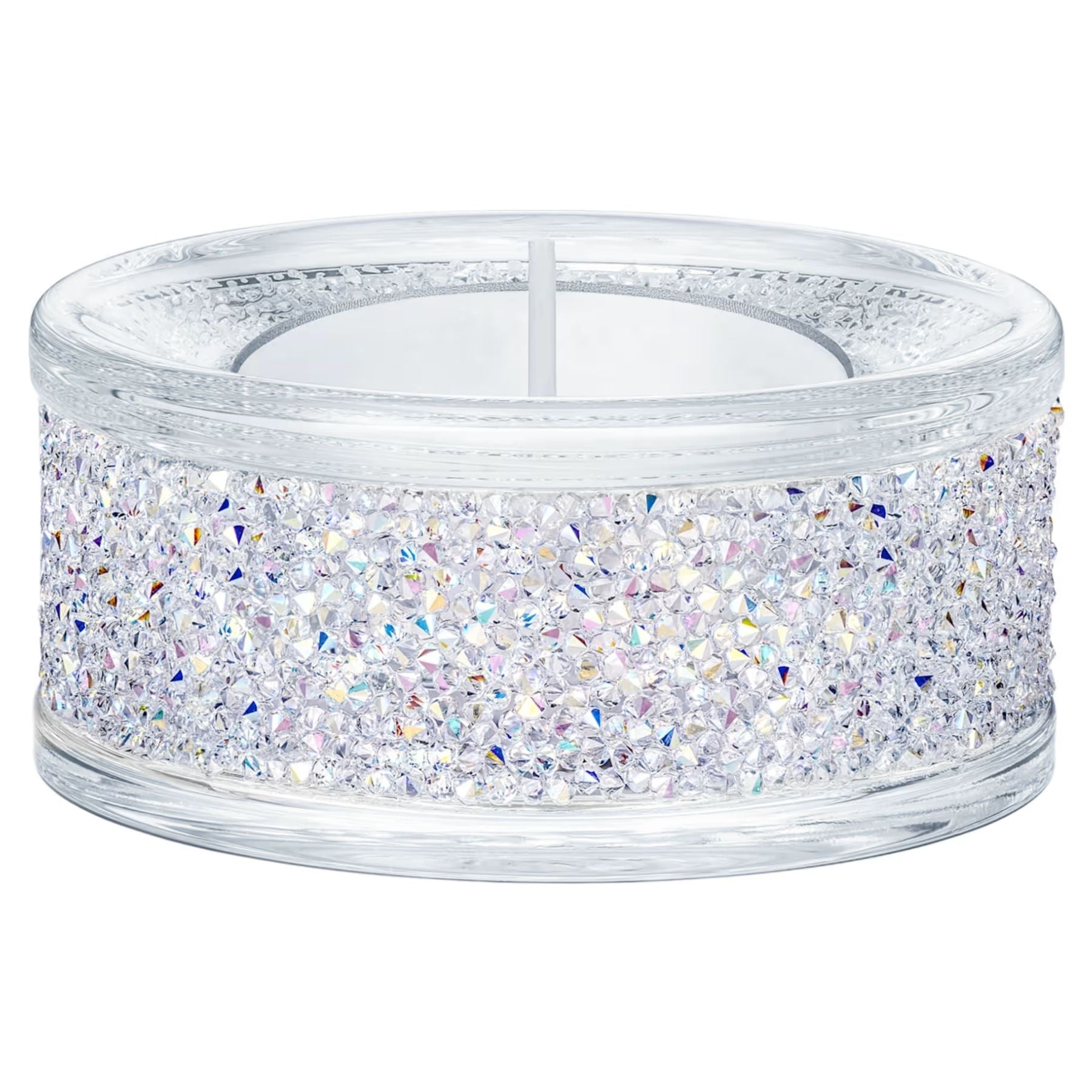 Swarovski kristallituikku, jonka kirkkaassa lasialustassa sädehtii hennon violetinsävyisiä kristalleja