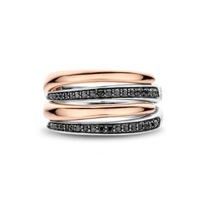 TI SENTO Bold Layered sormus, rosekullattua hopeaa ja mustat zirkonit, 12409BR