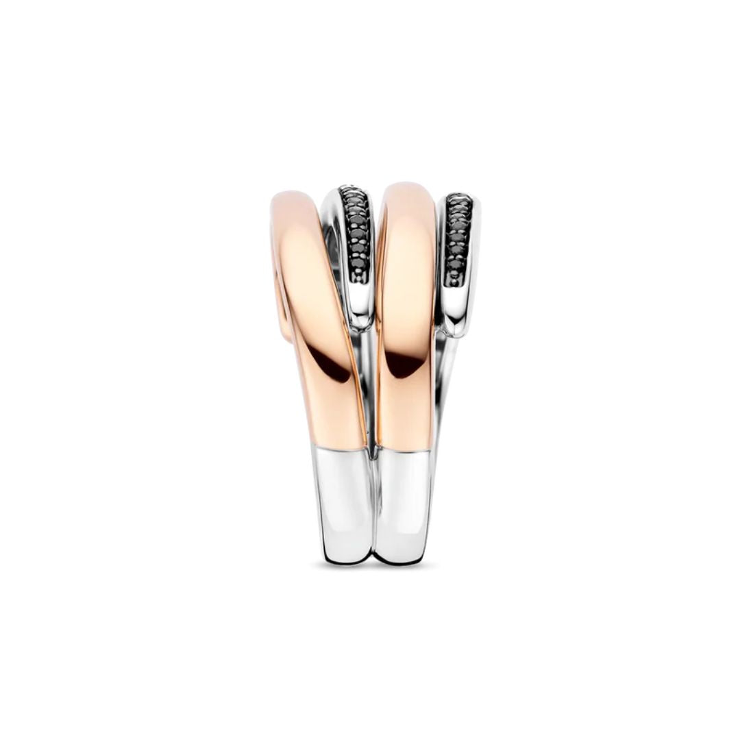 TI SENTO Bold Layered sormus, rosekullattua hopeaa ja mustat zirkonit, 12409BR