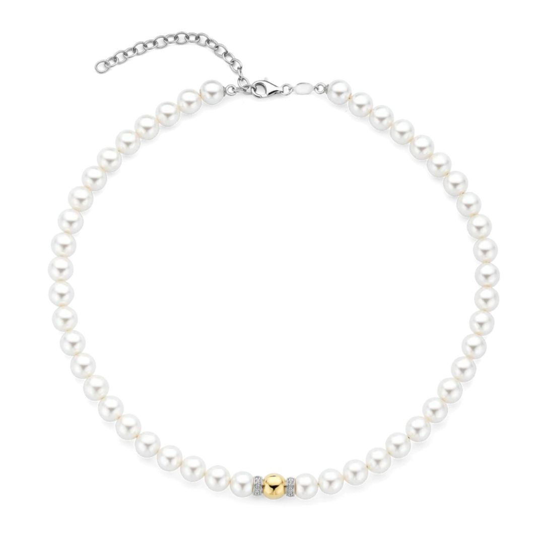 TI SENTO kaulakoru, keltakullattua hopeaa ja valkoiset helmet, 34112YP/42