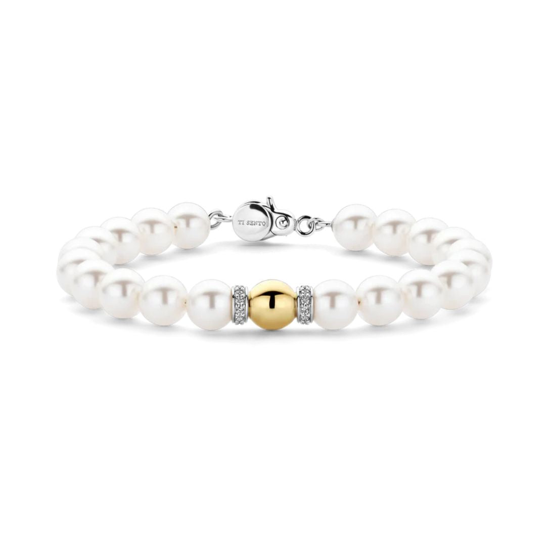 TI SENTO rannekoru, keltakullattua hopeaa, zirkoneja ja valkoisia helmiä, 23088YP
