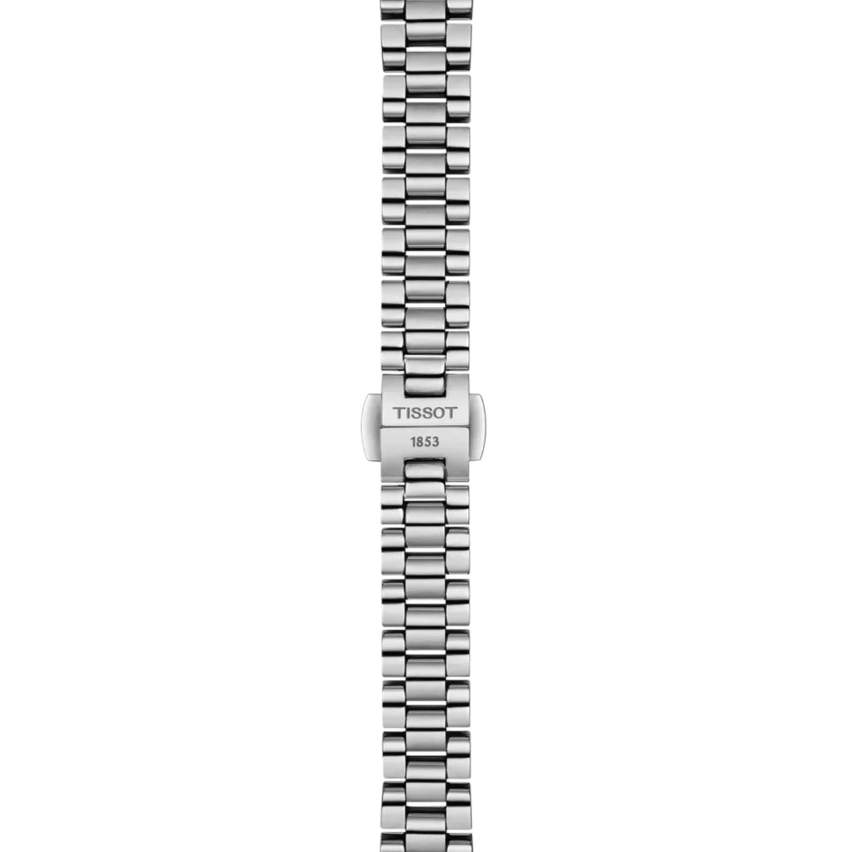 Tissot naisten rannekellon hopeanvärinen teräsranneke ja Tissot 1853 solkilukko sivulta katsottuna