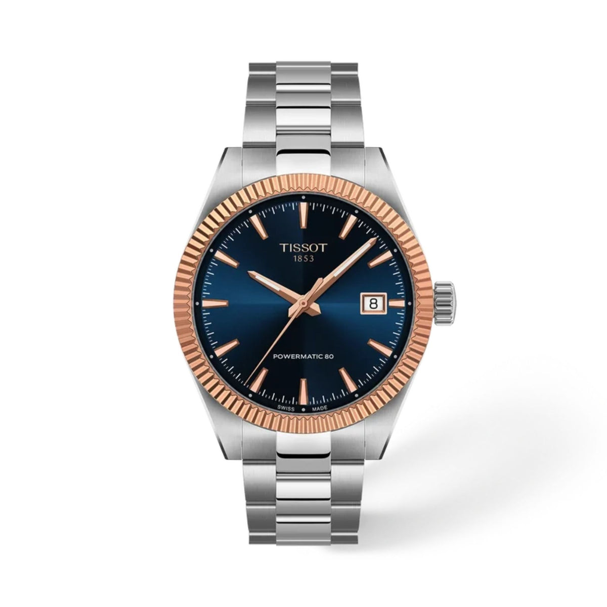 Tissot Gentleman rannekello sinisellä kellotaululla, ruusukultaisella kehyksellä, teräsrannekkeella ja päivämääränäytöllä