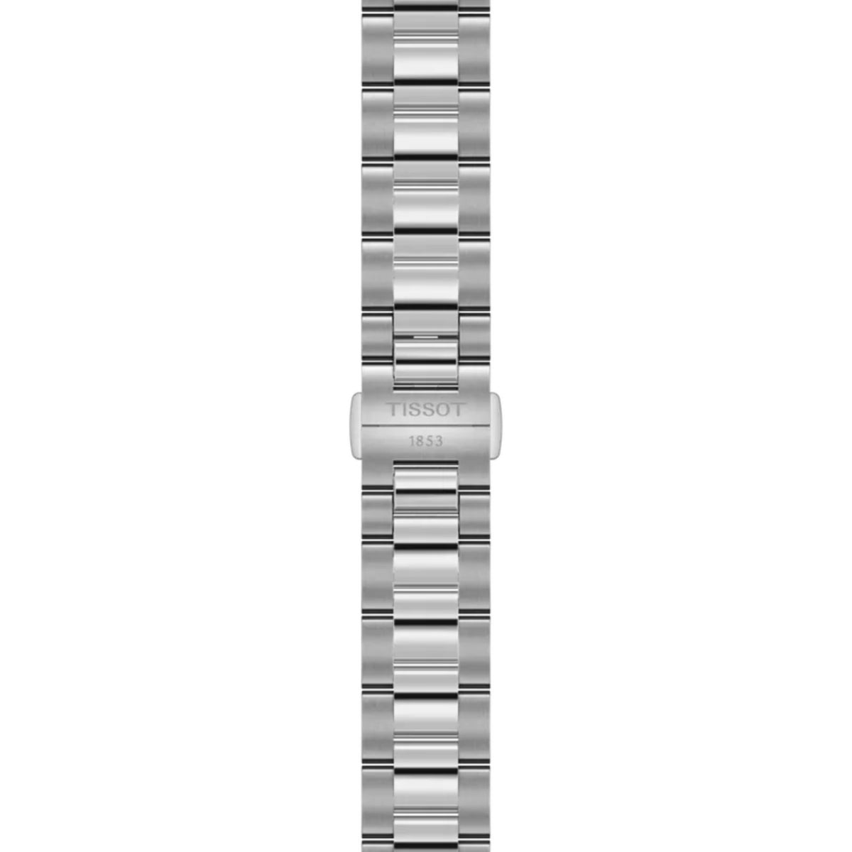 Tissot Gentleman -rannekellon hopeanvärinen teräsranneke ja taittolukko, jossa Tissot 1853 -kaiverrus
