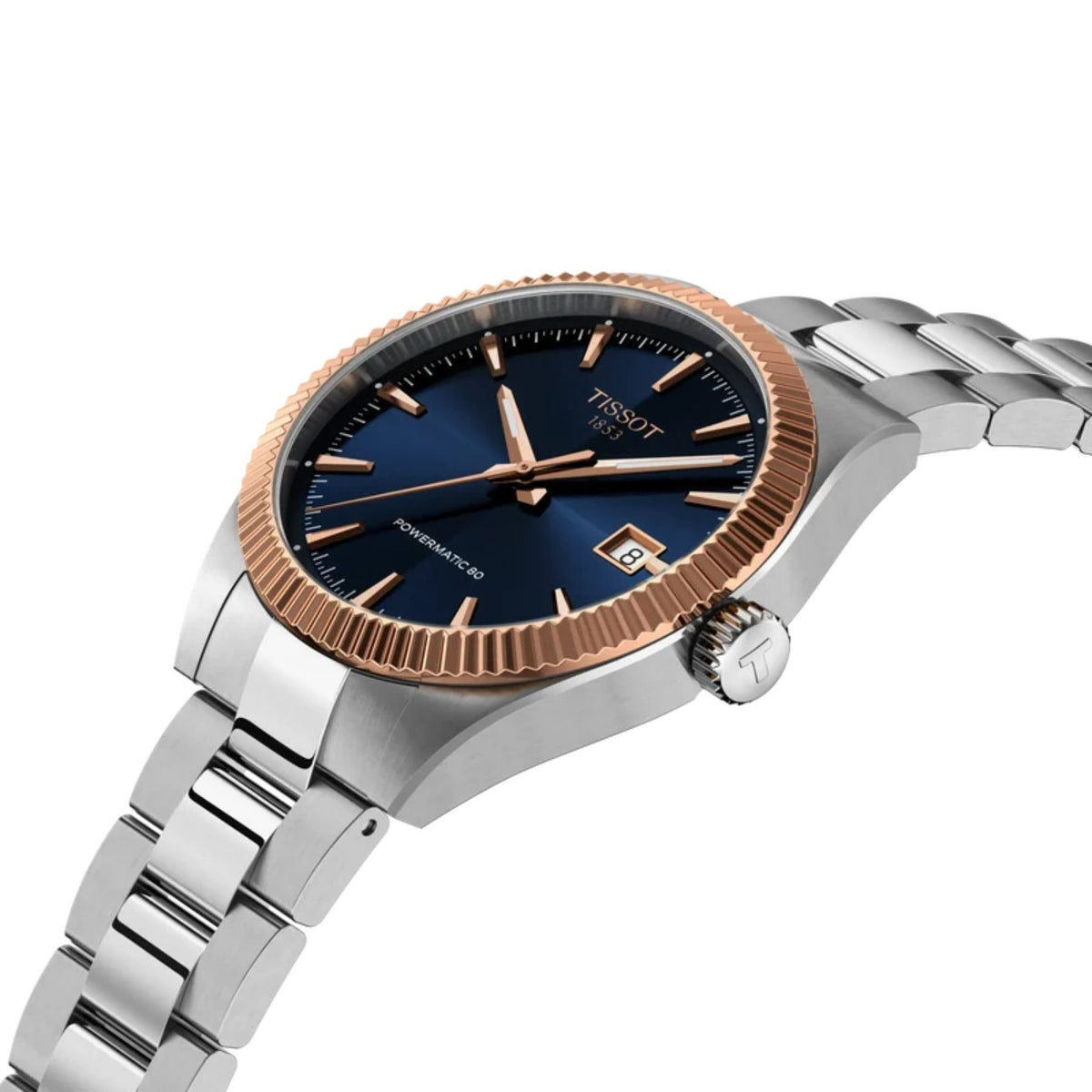 Tissot Gentleman miesten automaattinen rannekello sinisellä kellotaululla, ruusukultaisella kehyksellä, päivämääränäytöllä ja teräsrannekkeella edestä viistosti katsottuna