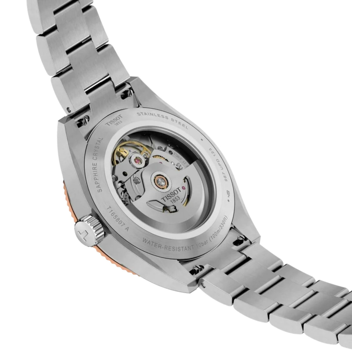 Tissot Gentleman -rannekellon läpinäkyvä takakansi, Powermatic 80 -automaattikoneisto, teräsranneke ja ruusukultaisen kehyksen reuna