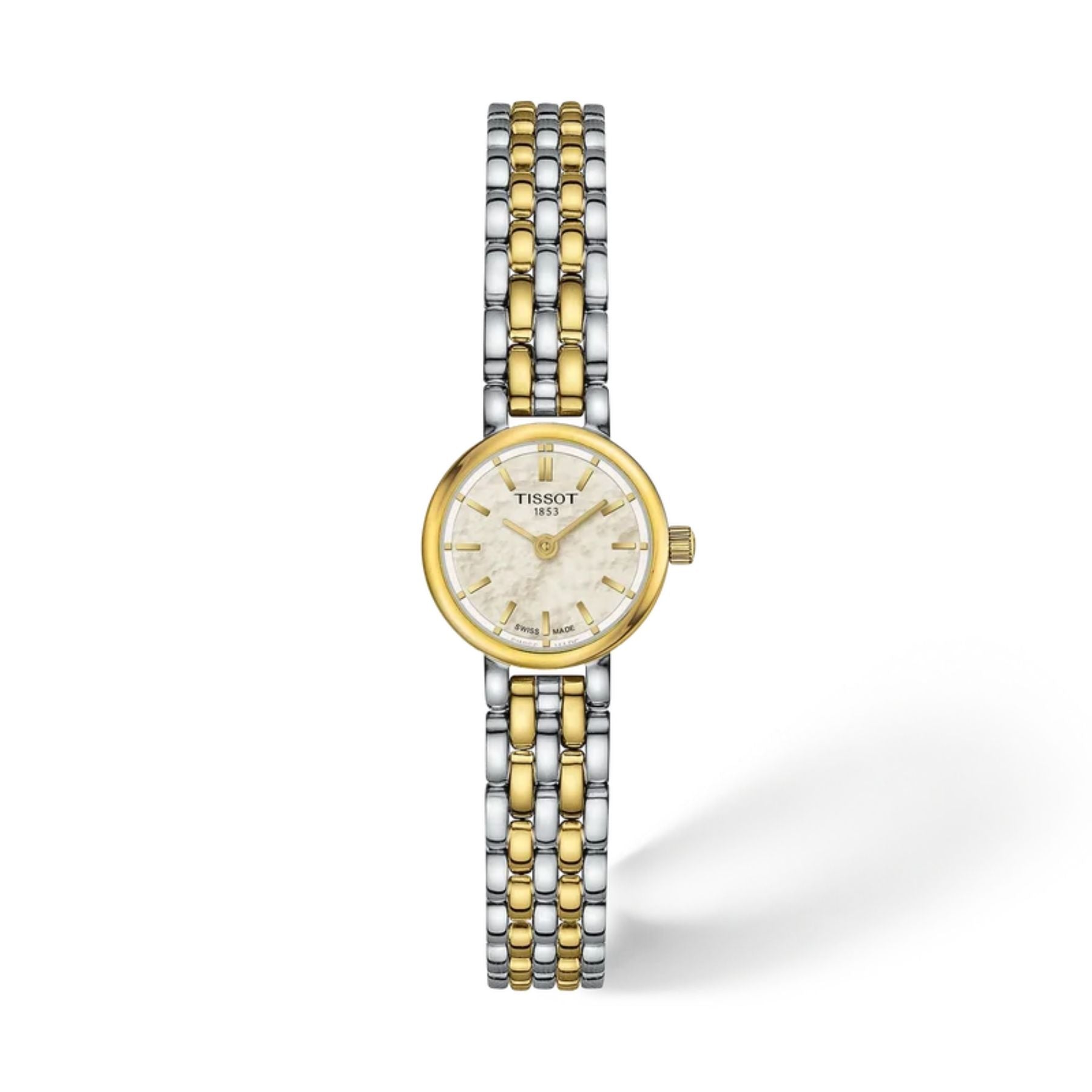 Tissot Lovely naisten rannekello kaksivärisellä teräsrannekkeella ja valkoisella helmiäiskellotaululla, kultasävyinen kehä ja kvartsikoneisto