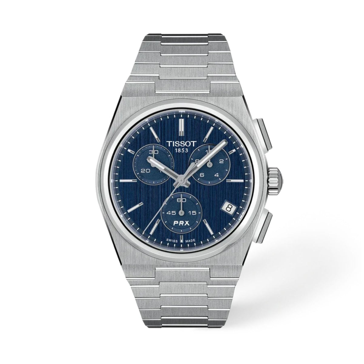 Tissot PRX Chronograph rannekello teräsrannekkeella, sinisellä taululla, kolmella ajanottotaululla ja päivämääränäytöllä