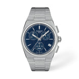 Tissot PRX Chronograph rannekello teräsrannekkeella, sinisellä taululla, kolmella ajanottotaululla ja päivämääränäytöllä