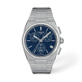 Tissot PRX Chronograph rannekello teräsrannekkeella, sinisellä taululla, kolmella ajanottotaululla ja päivämääränäytöllä