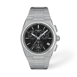 Tissot PRX kronografirannekello teräsrannekkeella, musta taulu, päivyri ja kolme ajanottolaskuria