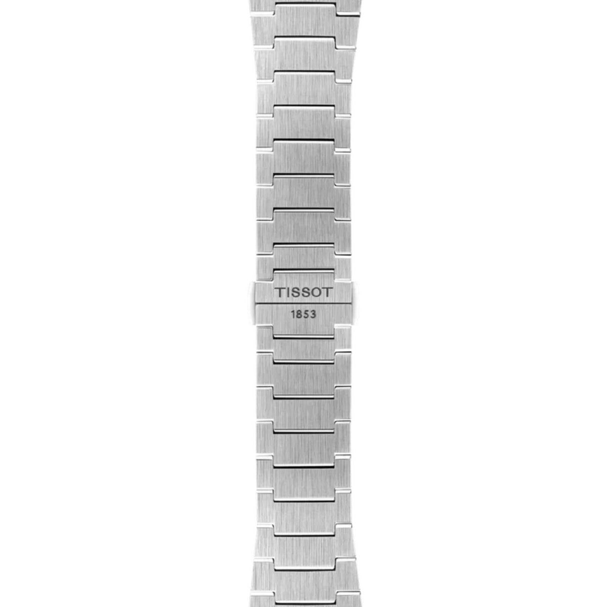 Tissot PRX rannekellon hopeanvärinen teräsranneke ja Tissot 1853 kaiverruksella merkitty solki