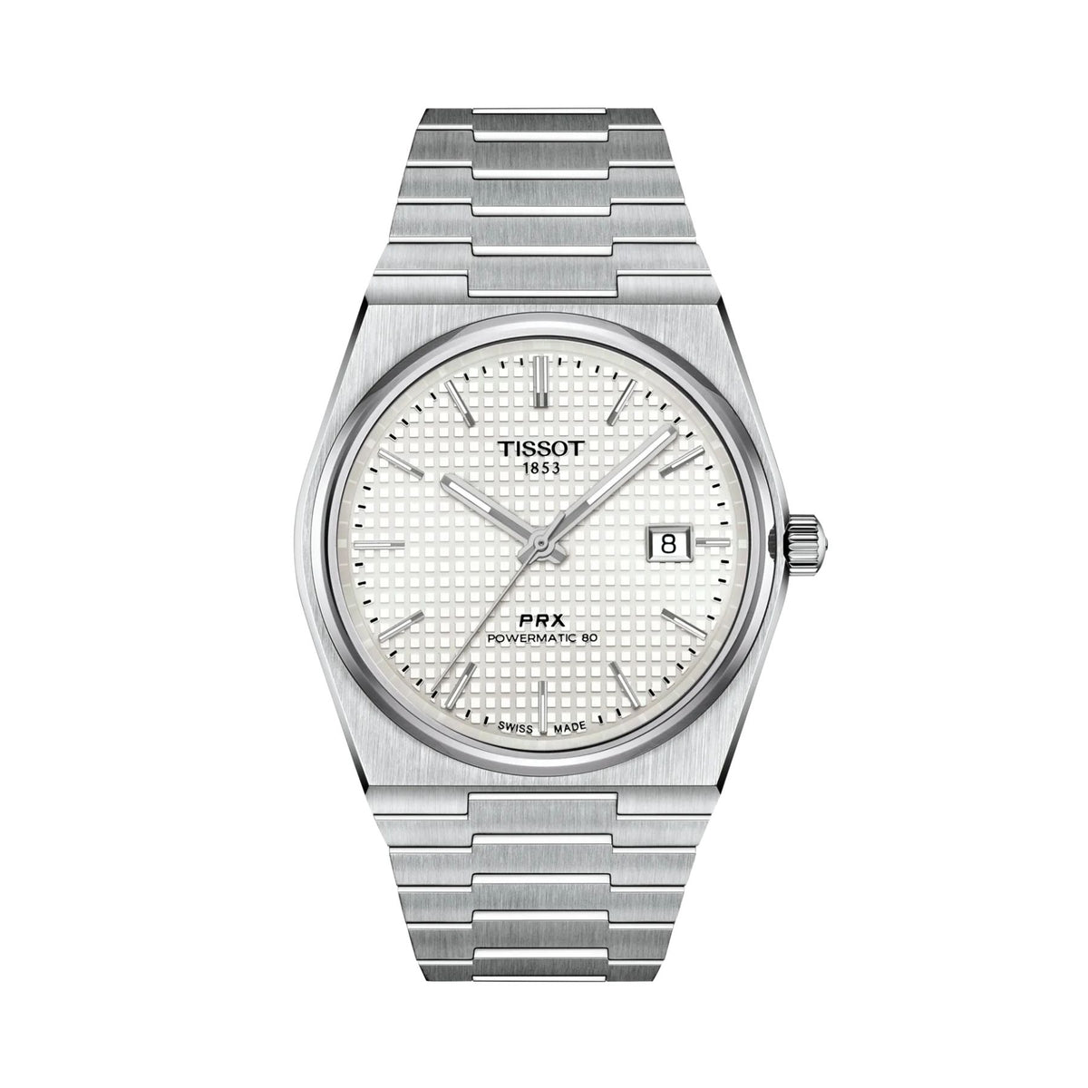 Tissot PRX -automaattinen rannekello, helmiäisvalkoinen taulu, hopeanvärinen teräsranneke ja päivämääränäyttö edessä.