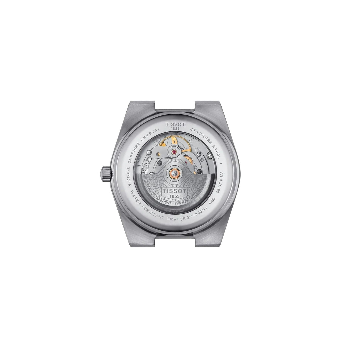 Tissot automaattirannekellon teräksinen takakansi, jonka läpi näkyy koristeellinen koneisto ja roottori