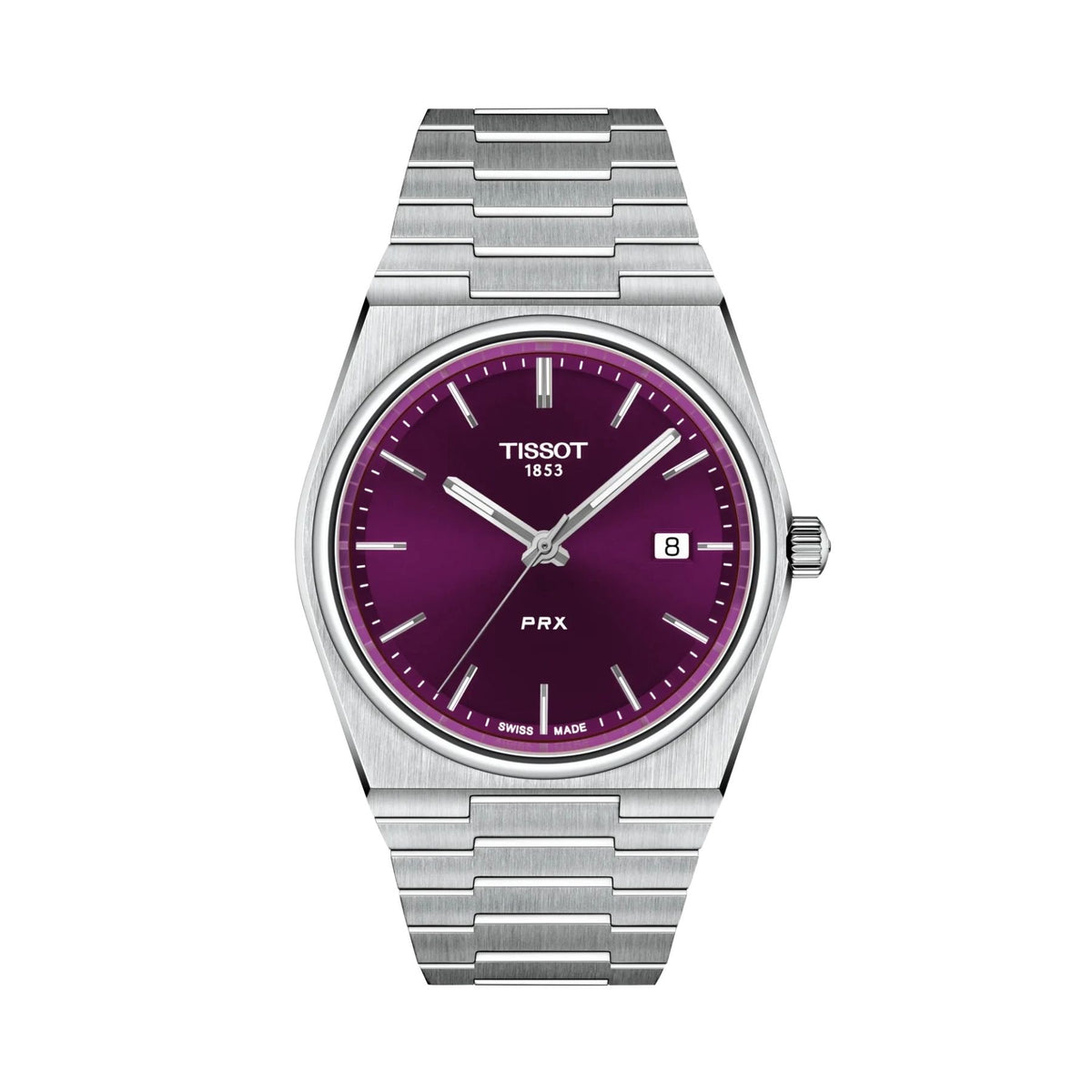 Tissot PRX rannekello teräsrannekkeella, violetilla kellotaululla, hopeanvärisillä viisareilla ja päivämääränäytöllä edestä nähtynä
