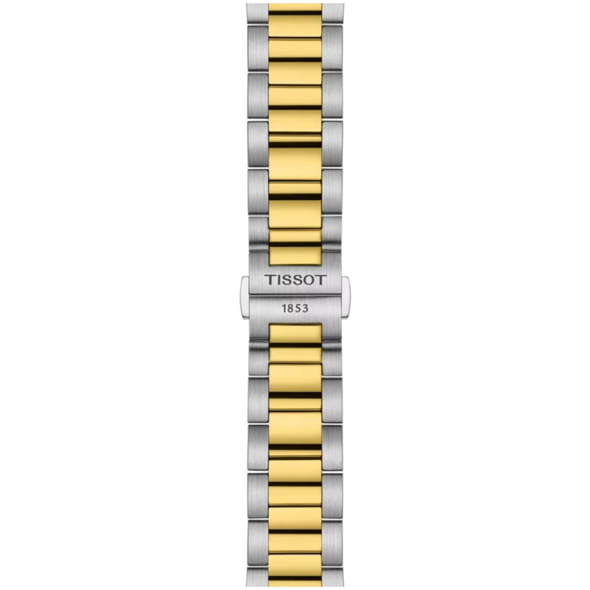 Tissot-rannekellon kaksivärinen teräsranneke ja taittolukko, jossa näkyy Tissot 1853 -kaiverrus