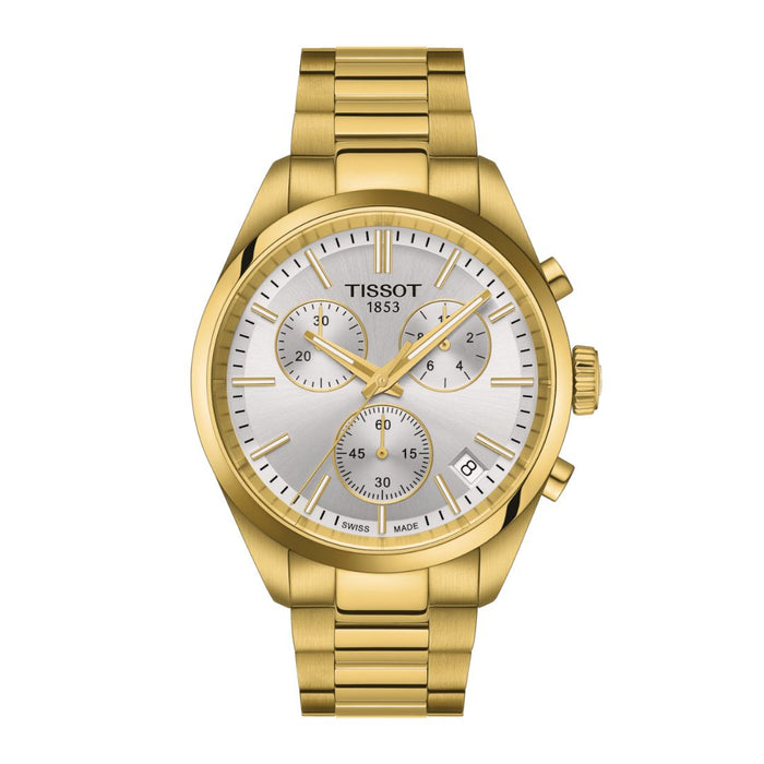 Paras rannekello miehille alle 500€ – Tyyliä ja teknologiaa budjetilla 7 Tissot PR 100 Chronograph rannekello kultaisella rannekkeella