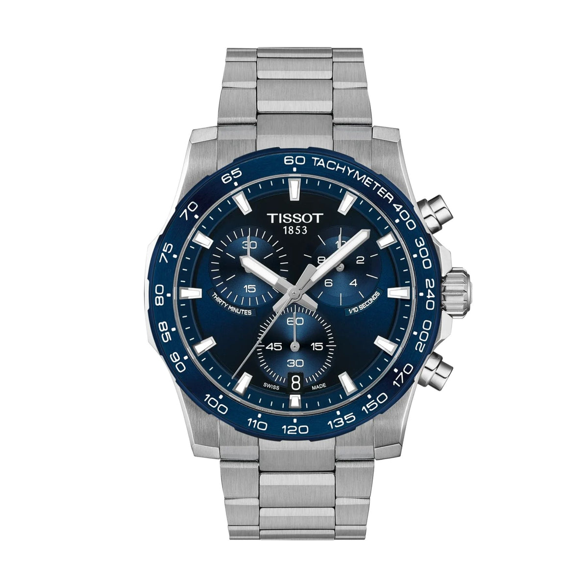 Tissot Supersport Chrono rannekello, tummansininen kronografitaulu, sininen takymetrikehä ja teräsranneke