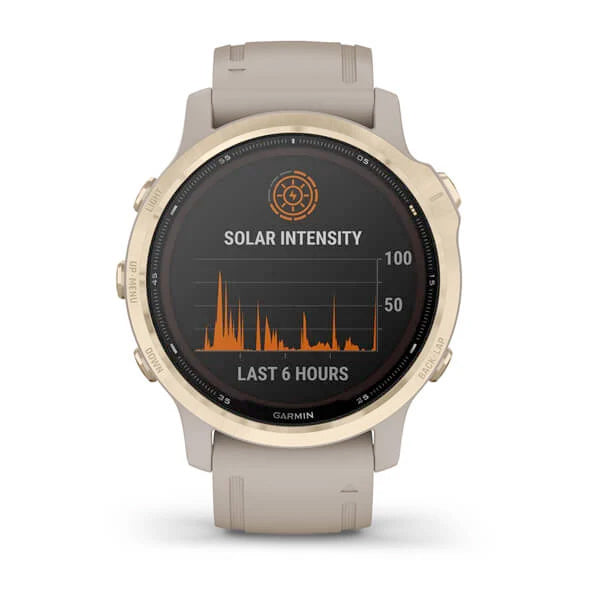 Garmin Fenix 6S Pro Solar 42 mm vaalea kulta ja vaalea hiekanvärinen hihna, monilajiälykello 010-02409-11 - Garmin - Laatukoru